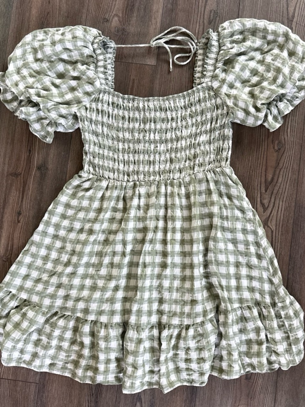 Princess Polly Sage Green & White Gingham Smocked Puff-Sleeve Dress